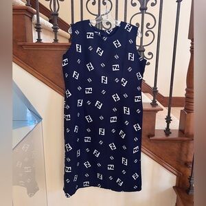 Sleeveless Navy Midi Dress with White Logo Print